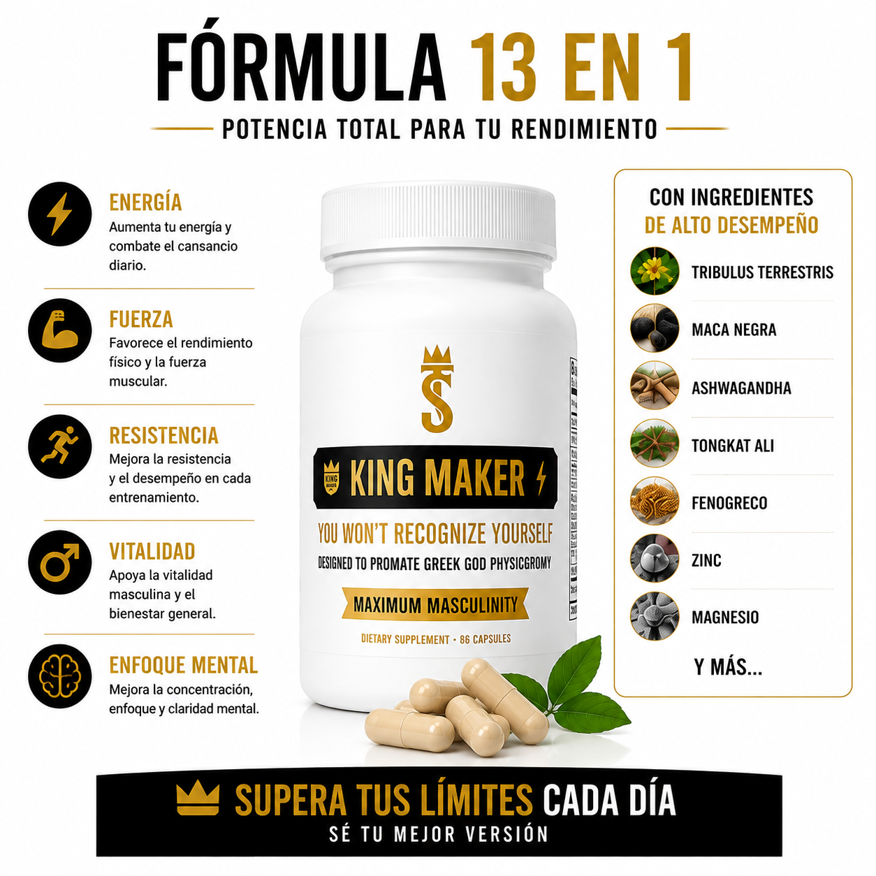King Maker® – Suplemento Masculino 13 en 1 | Fuerza, Energía y Testosterona Natural