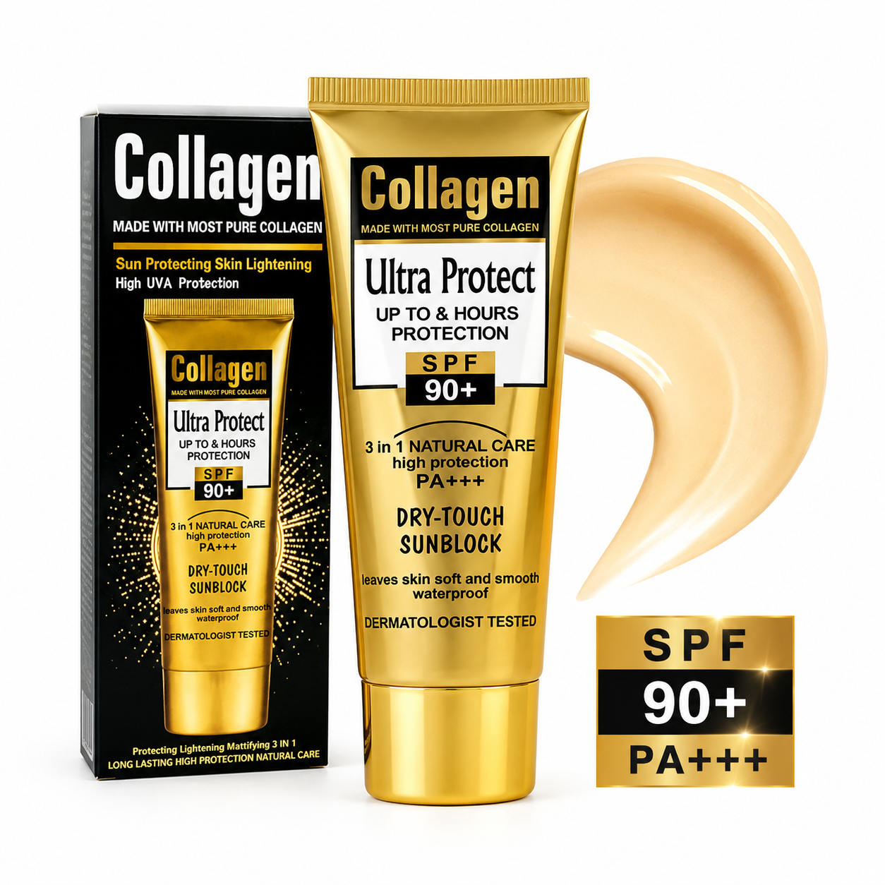 Protector Solar de Colágeno SPF 90+ | Crema Facial Aclarante 3en1 Antiedad e Hidratante