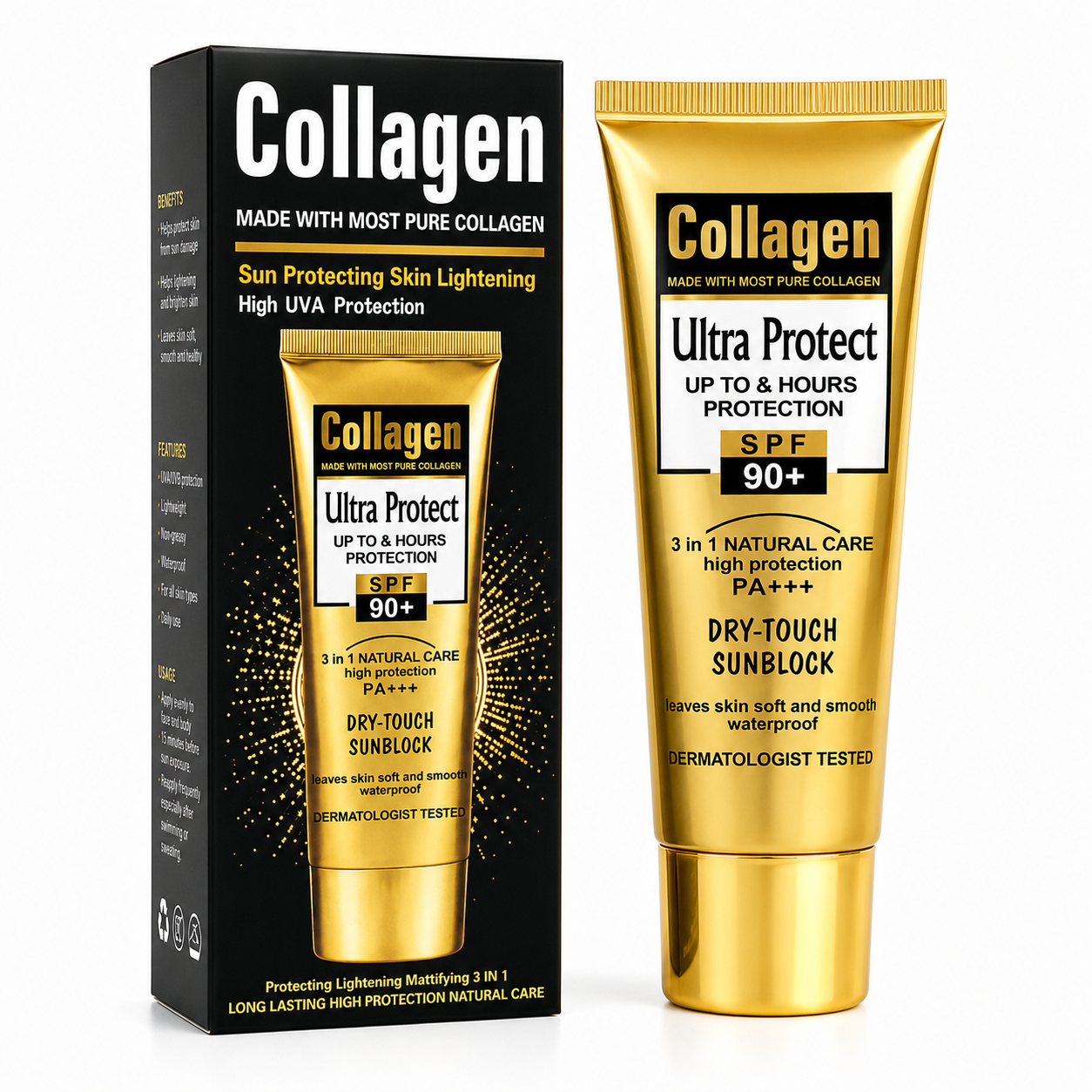 Protector Solar de Colágeno SPF 90+ | Crema Facial Aclarante 3en1 Antiedad e Hidratante