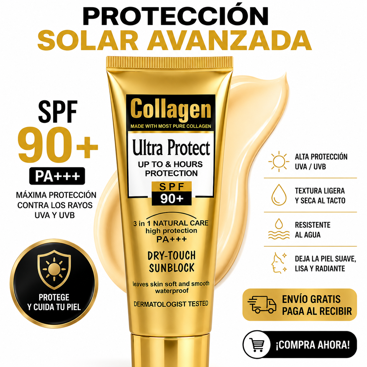 Protector Solar de Colágeno SPF 90+ | Crema Facial Aclarante 3en1 Antiedad e Hidratante